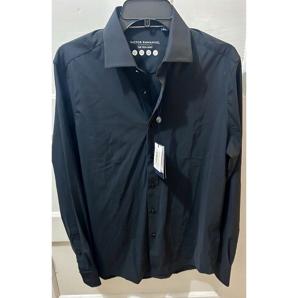 Victor Emmanuel The Tech Shirt Mens M/L 15.5 Black Stretch Long Sleeve NWT $119